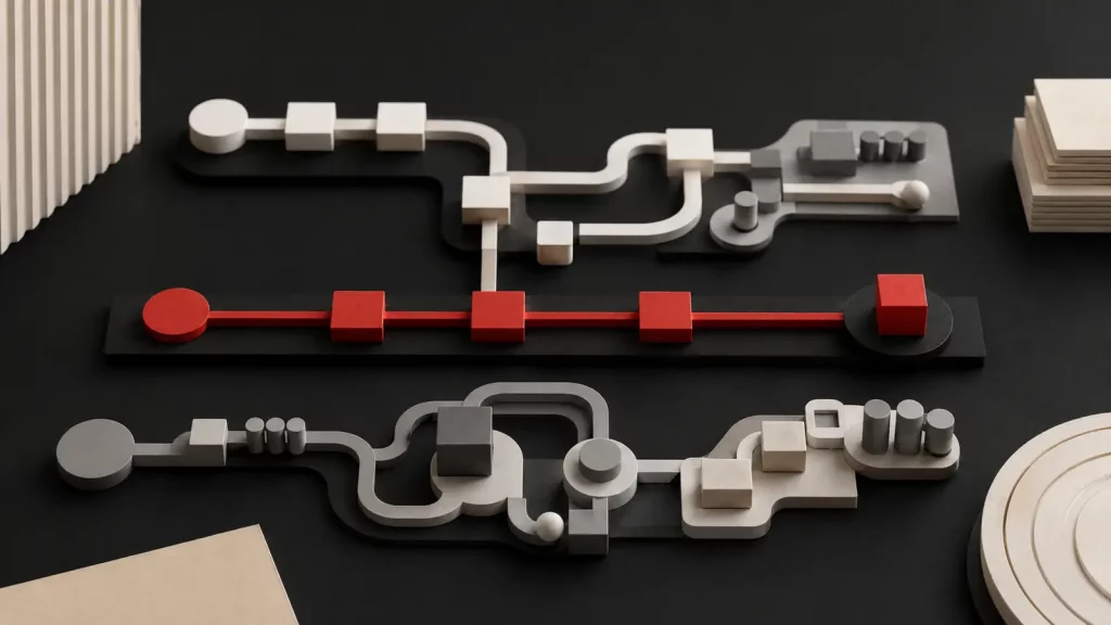 Varios flujos de trabajo modulares en blanco y gris rodean un proceso sencillo destacado en rojo para representar qué automatizar primero.
