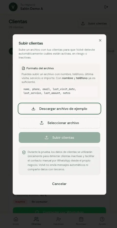 Pantalla real de Volvé para importar clientas mediante un archivo CSV