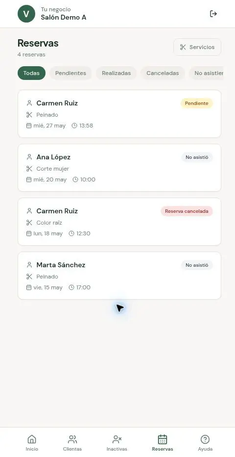 Listado de reservas y estados dentro de Volvé