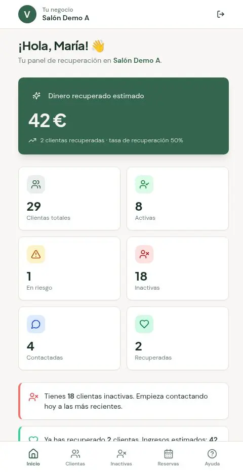 Dashboard de Volvé para recuperar clientas, controlar reservas, bonos y resultados