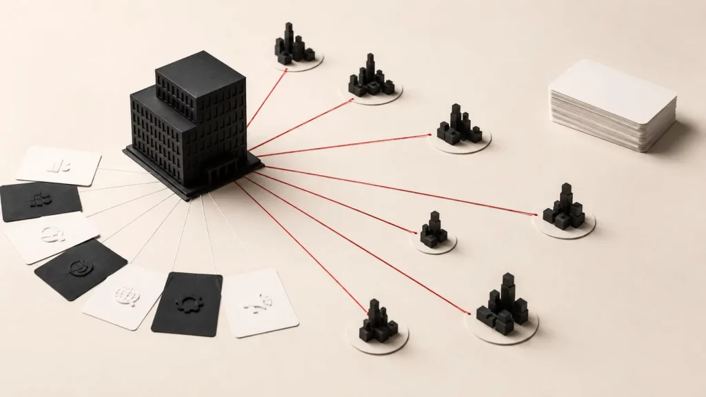 Maqueta de una única sede profesional conectada con varias ciudades y servicios, junto a una pila de páginas redundantes sin utilizar.