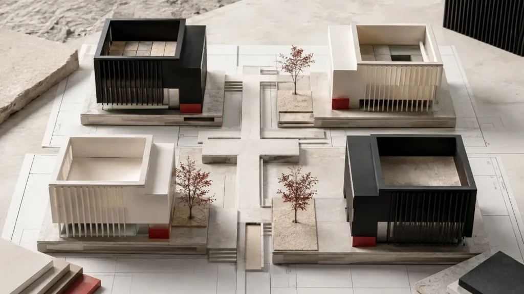Maqueta arquitectónica modular que representa la organización SEO de especialidades, tratamientos, profesionales y sedes de una clínica