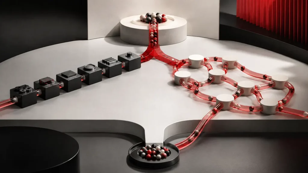 Comparación visual entre una automatización lineal y una red adaptable de decisiones con inteligencia artificial